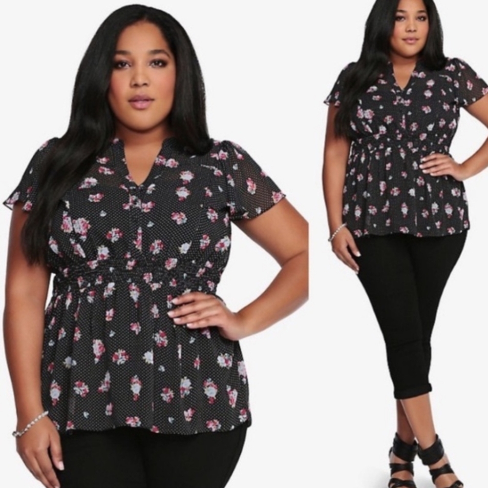 Torrid Black Floral Polka Dot Top